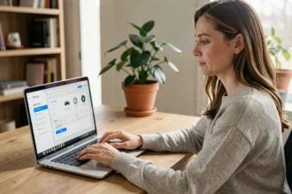 Femme souscrivant une assurance auto en ligne depuis son bureau à domicile sur un ordinateur portable