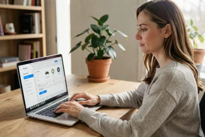 Femme souscrivant une assurance auto en ligne depuis son bureau à domicile sur un ordinateur portable