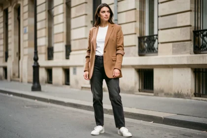 Femme portant un blazer oversize camel avec un jean droit et des sneakers blanches dans une rue parisienne