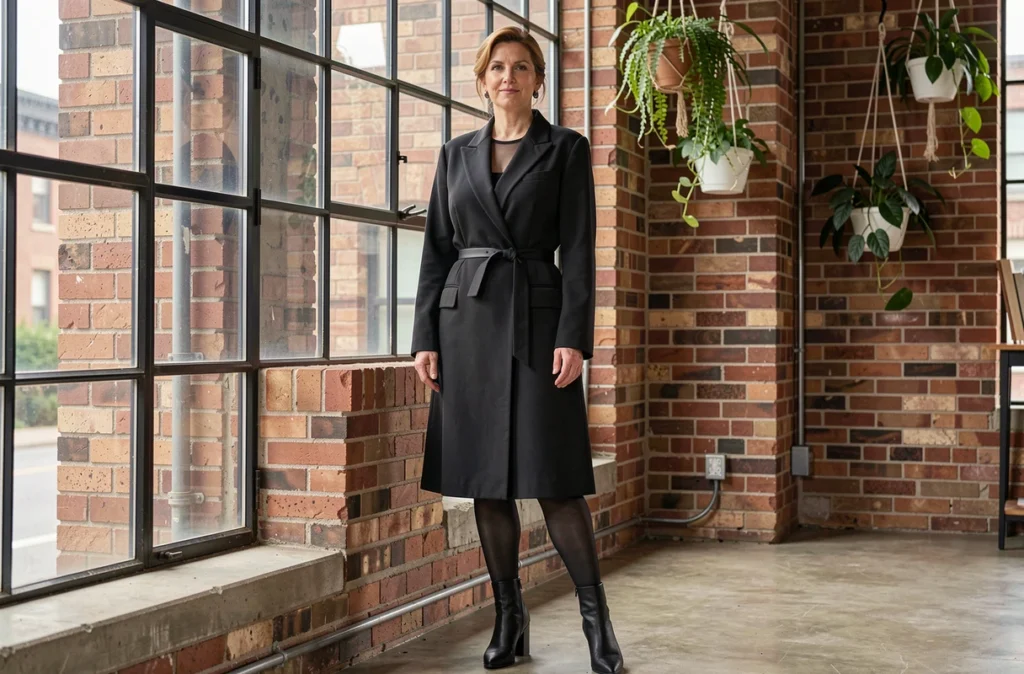 Femme portant un blazer oversize noir comme robe ceinturée dans un loft industriel avec briques apparentes
