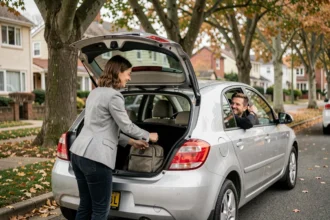 Une femme dépose ses bagages dans le coffre d'une voiture lors d'un trajet en covoiturage en banlieue