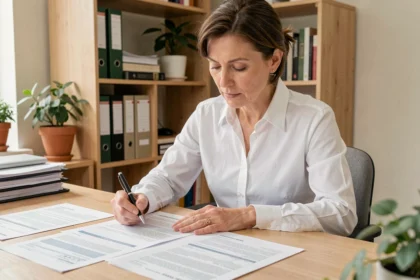 Femme consultant des documents immobiliers sur un bureau en bois, illustrant les frais annexes à prévoir lors d'un achat immobilier