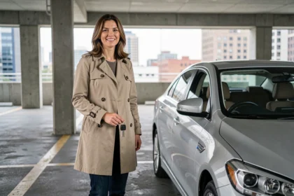 Femme souriante tenant des clés de voiture devant une berline moderne en location longue durée dans un parking urbain