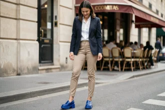 Femme en tenue classique avec chaussures originales bleues sur un trottoir parisien