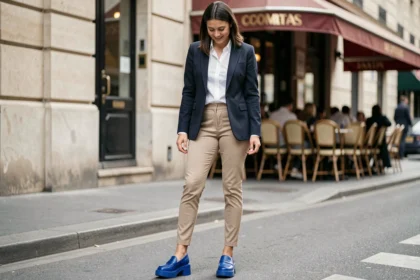 Femme en tenue classique avec chaussures originales bleues sur un trottoir parisien