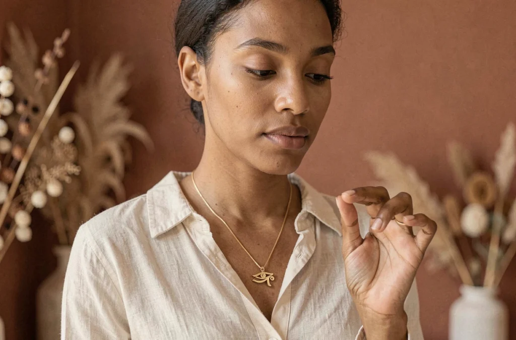 Femme portant un pendentif Oeil d'Horus en or, symbole de protection en amour et santé dans la culture égyptienne