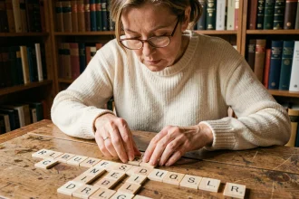 Femme concentrée jouant au Scrabble avec des lettres disposées sur une table en bois, cherchant des synonymes pour compléter ses mots