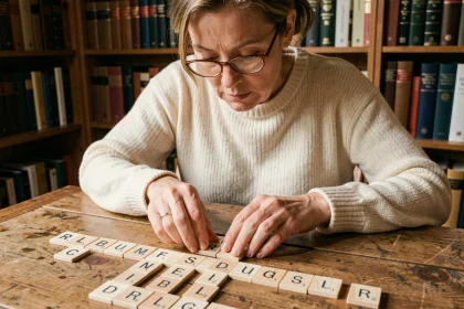 Femme concentrée jouant au Scrabble avec des lettres disposées sur une table en bois, cherchant des synonymes pour compléter ses mots