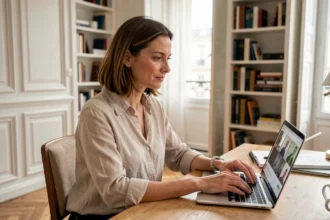 Femme en télétravail dans un appartement parisien, assise à son bureau avec un ordinateur portable lors d'une visioconférence professionnelle