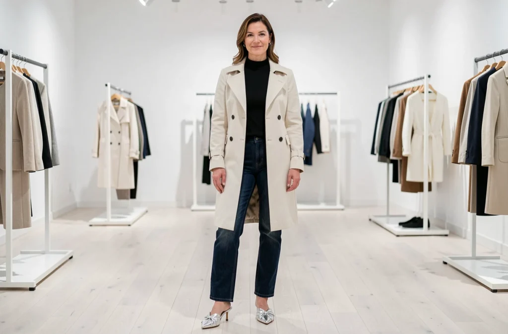 Femme en trench coat crème et mules argentées originales dans un concept store minimaliste
