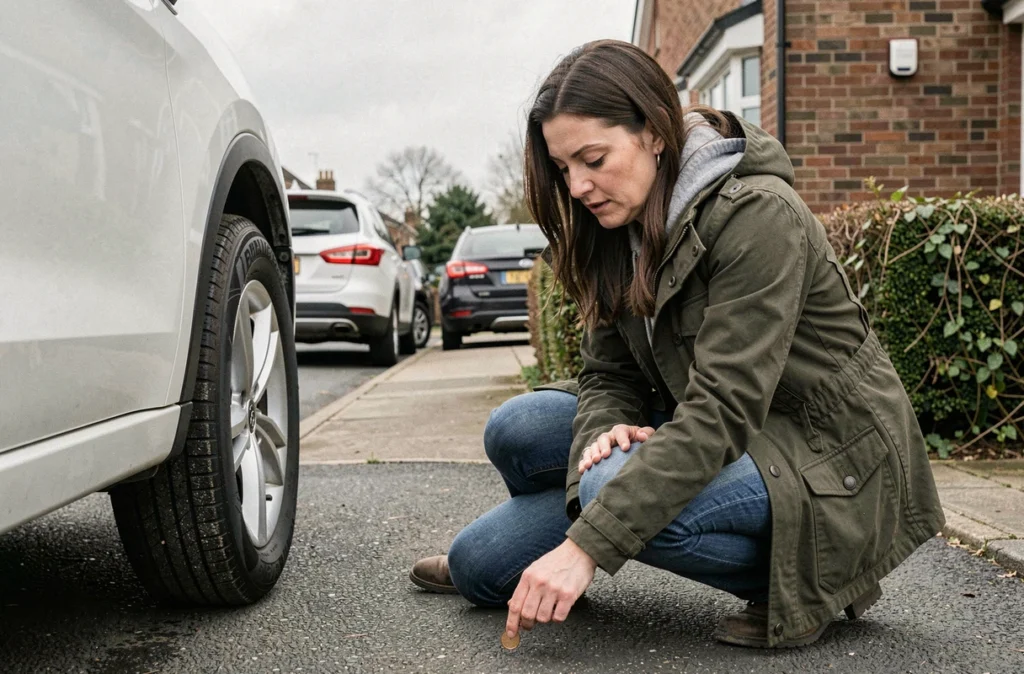 Femme vérifiant l'usure d'un pneu de SUV avec une pièce de monnaie dans une allée résidentielle