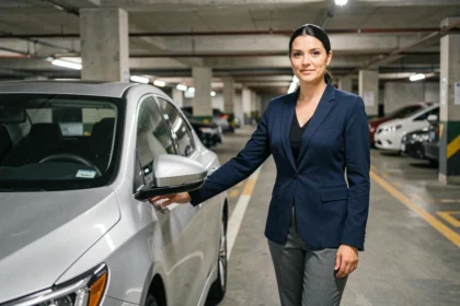 Femme cadre urbaine posant à côté d'une voiture hybride dans un parking souterrain de ville
