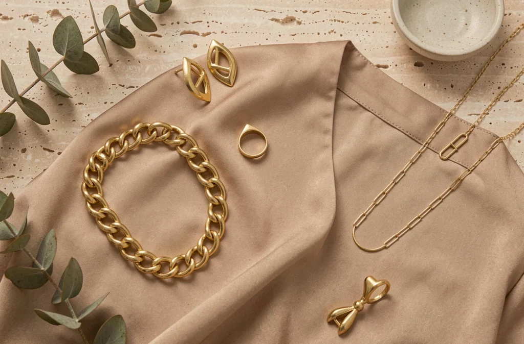 Flat-lay d'accessoires dorés élégants sur pierre travertine : collier, boucles d'oreilles, bracelet et bague en or autour d'un chemisier en soie
