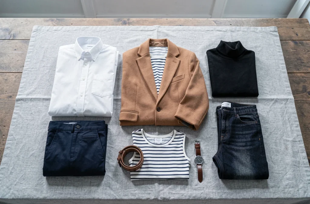 Flatlay de vêtements capsule disposés en grille sur table en bois, incluant chemise blanche, blazer camel et jean indigo pour une garde-robe simplifiée