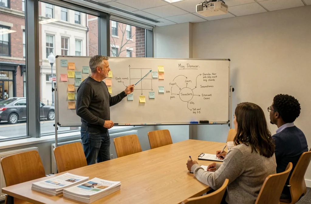 Formateur animant un atelier de formation professionnelle en entreprise avec des salariés