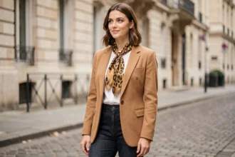 Femme portant un foulard léopard noué autour du cou avec un blazer camel et un jean droit, dans une rue pavée parisienne, style minimaliste chic