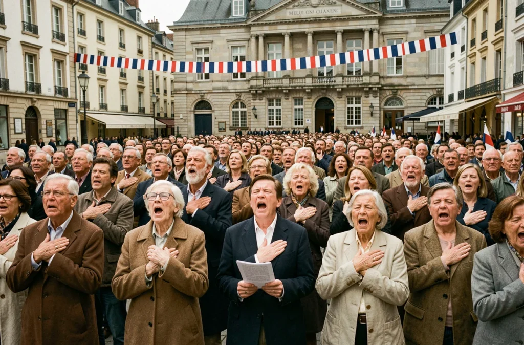 Foule de civils français chantant ensemble sur une place publique lors d'une commémoration nationale avec des drapeaux tricolores
