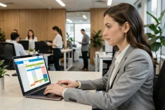 Femme en blazer gris gérant ses congés payés sur un tableau de bord numérique dans un open space moderne