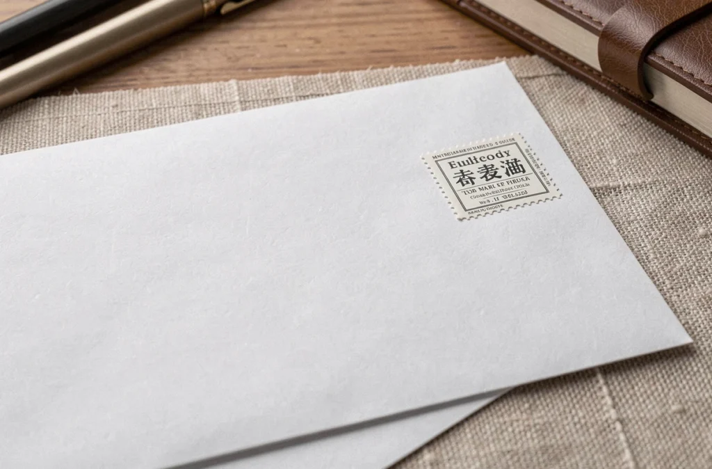 Gros plan sur un timbre posté dans le coin supérieur droit d'une enveloppe blanche professionnelle sur un bureau en lin beige