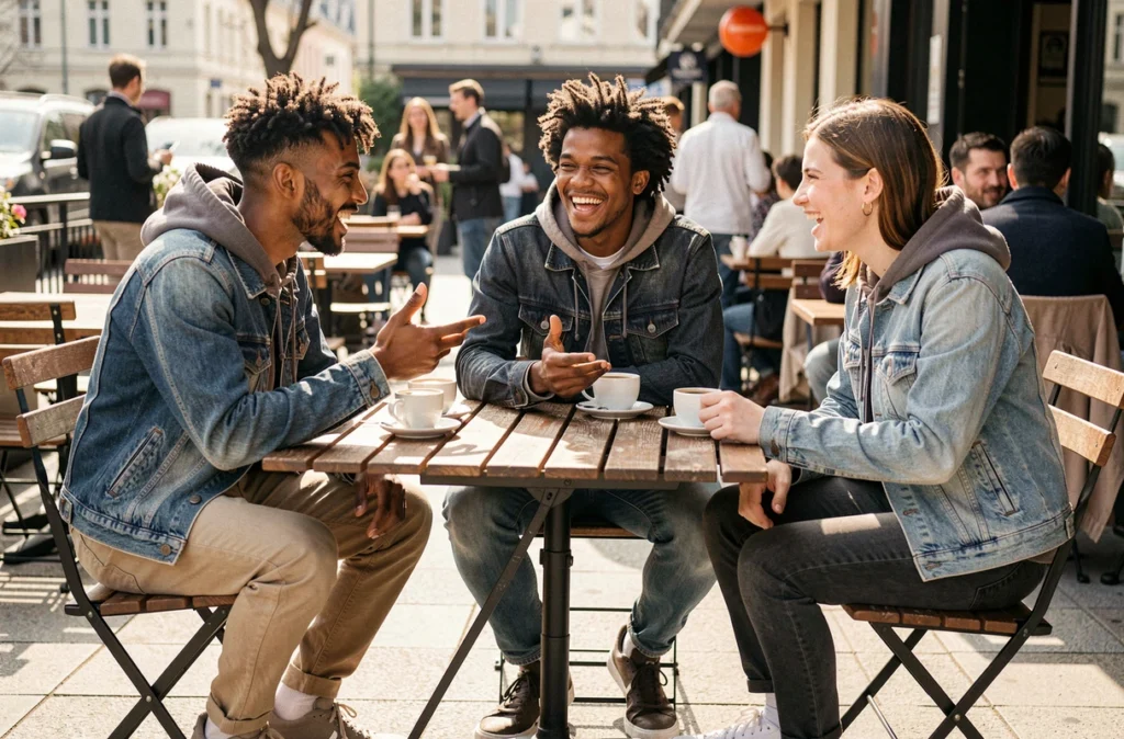 Groupe de jeunes amis en conversation animée en terrasse, illustrant comment utiliser naturellement l'argot comme 'banger' sans paraître dépassé