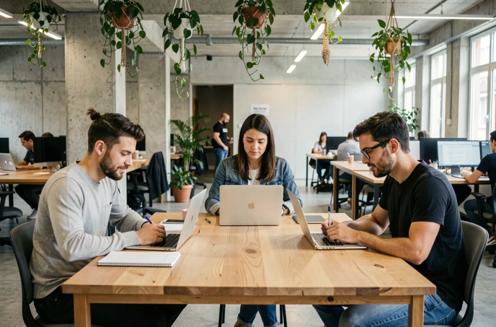 Groupe de professionnels en espace de coworking illustrant le travail hybride dans les entreprises françaises, avec ordinateurs portables et bloc-notes sur table commune