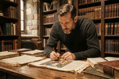 Historien examinant des chroniques médiévales manuscrites sur les Vikings dans une salle d'archives universitaire