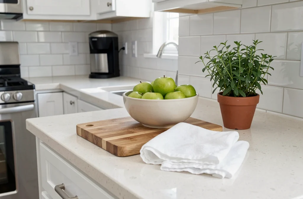 Comptoir de cuisine soigneusement mis en scène avec des objets simples dans le cadre d'un home staging pour vente immobilière