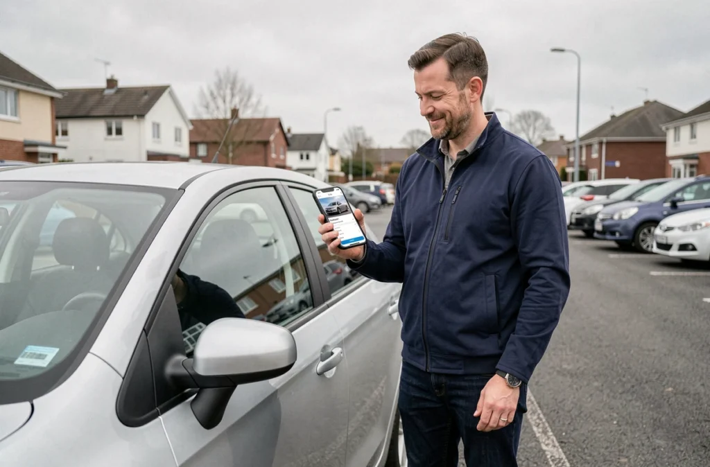 Homme consultant son application d'assurance auto sur smartphone devant sa voiture dans un parking