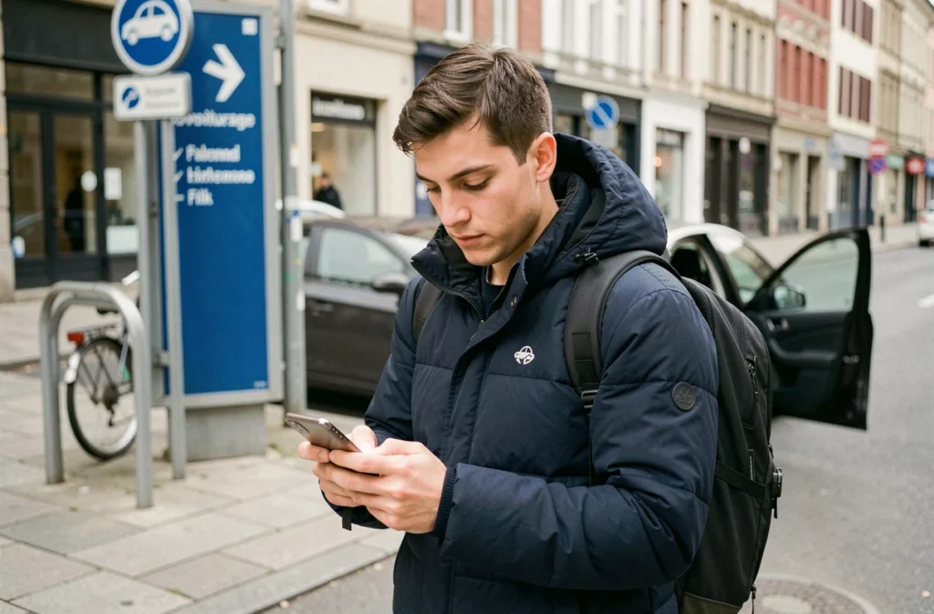 Un homme attend son conducteur à un point de covoiturage urbain avec son smartphone
