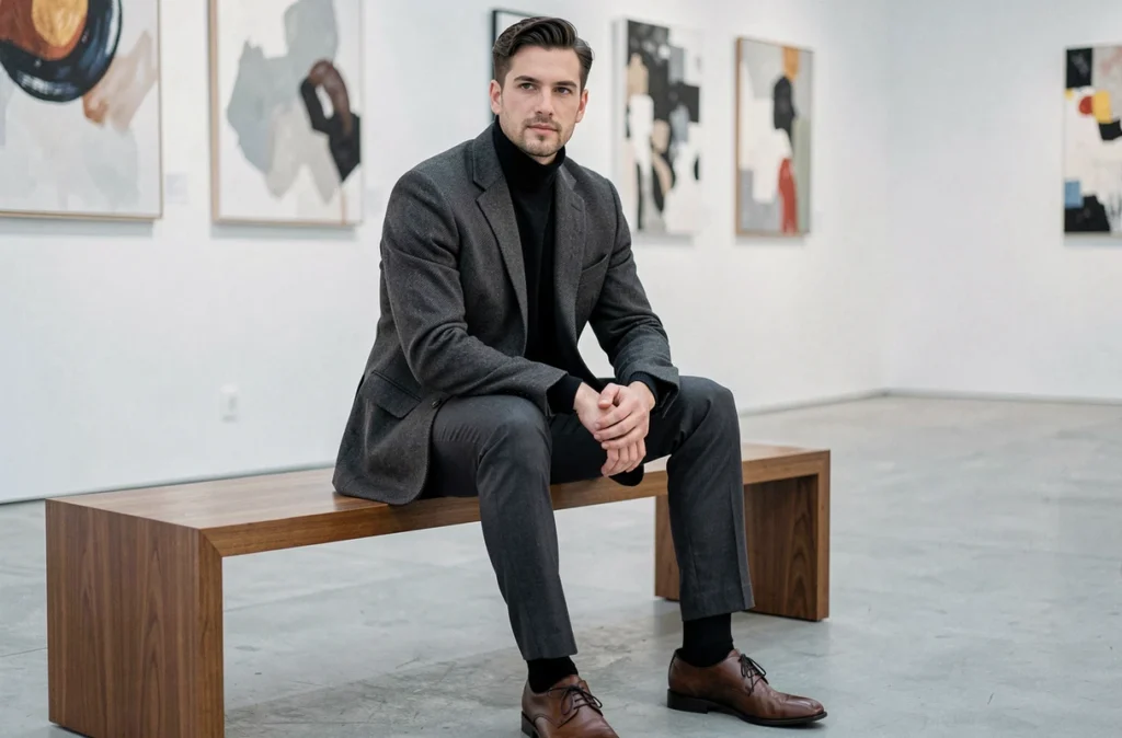 Homme en blazer oversize gris anthracite et col roulé noir assis dans une galerie d'art moderne