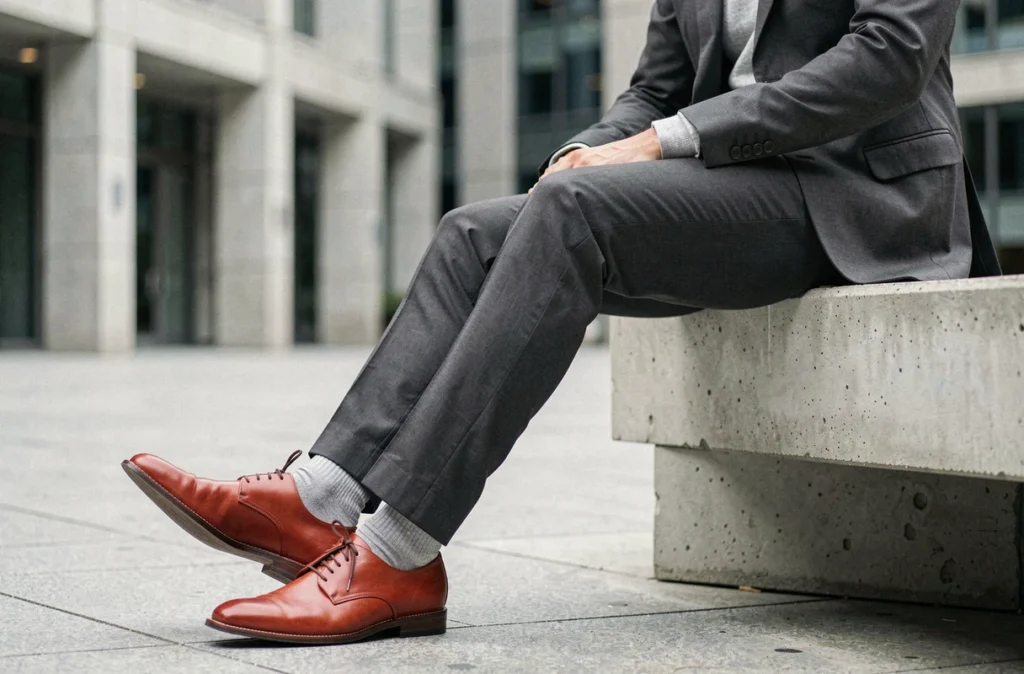 Homme en costume gris avec des chaussures Derby terracotta originales en milieu urbain