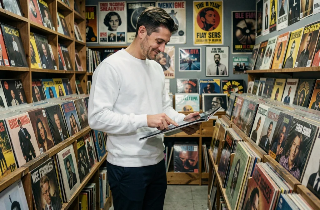 Homme trentenaire dans un magasin de disques vinyle, souriant en feuilletant des albums, évoquant la culture musicale et le vocabulaire des générations