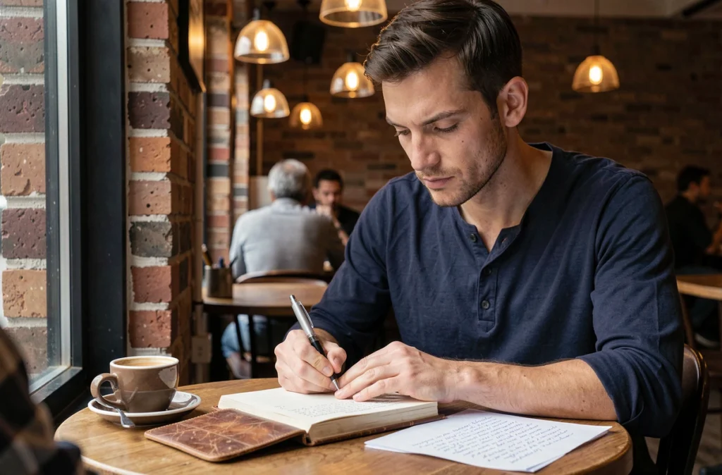 Homme écrivant une citation sur l'amitié dans un journal en cuir dans un café urbain, ambiance introspective et authentique