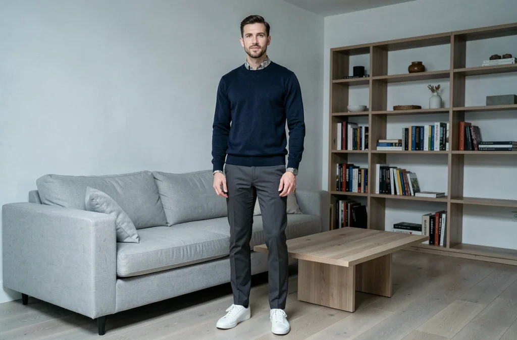 Homme en pull marine et chemise à imprimé serpent discret dans un salon moderne, illustrant l'art d'intégrer les imprimés animaliers avec subtilité