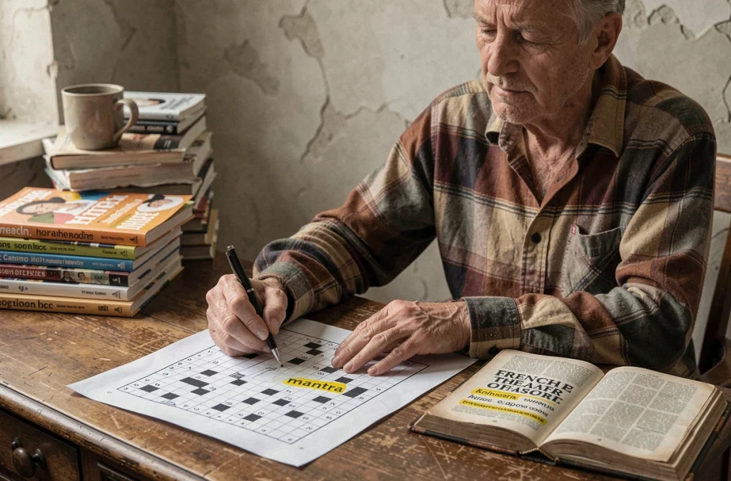 Homme travaillant sur des mots fléchés avec un dictionnaire des synonymes ouvert sur le mot mantra posé sur un bureau vintage