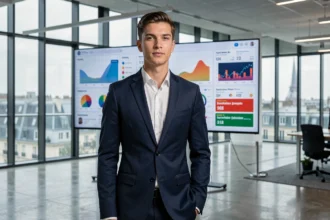 Homme politique en costume sombre devant un écran affichant des statistiques de réseaux sociaux dans un bureau moderne parisien