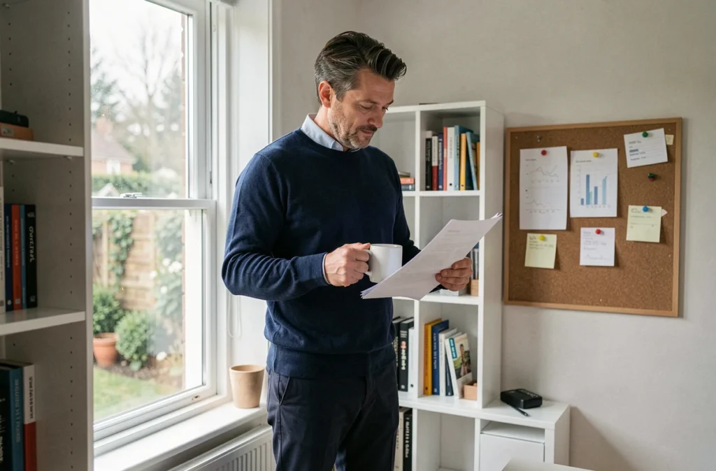 Homme en télétravail dans un bureau à domicile en maison individuelle, consultant des documents professionnels près d'une fenêtre avec vue sur jardin