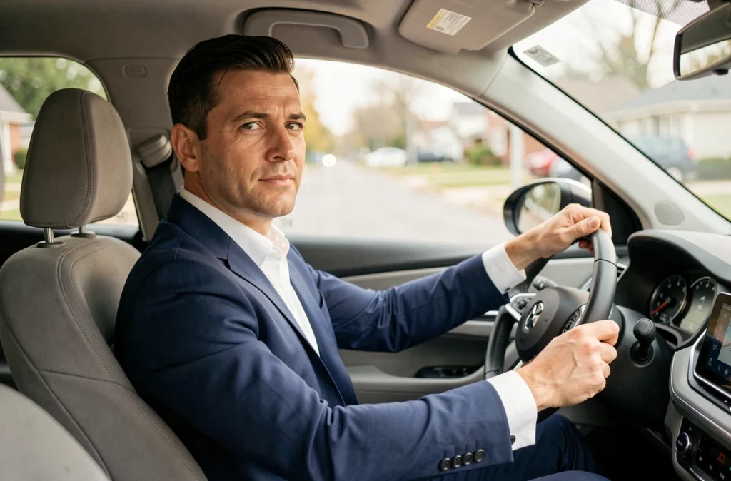 Homme en costume au volant d'un SUV compact en location longue durée, regard confiant sur la route