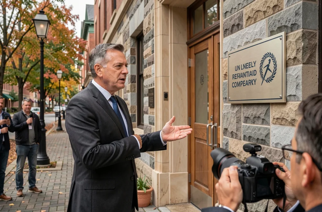Chef d'entreprise mécène inaugurant une bibliothèque municipale rénovée grâce au soutien du mécénat d'entreprise local