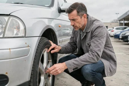 Homme inspectant la carrosserie d'une voiture d'occasion dans un parking de concessionnaire, vérifiant les traces de rouille sur une aile