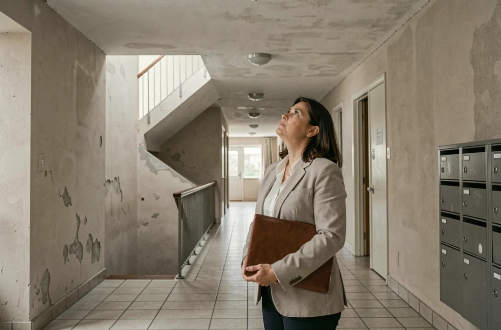 Femme inspectant les parties communes d'un immeuble en copropriété avant un achat immobilier