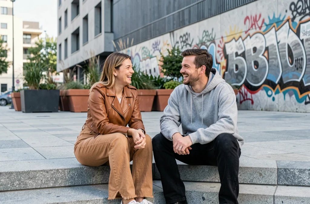 Deux amis portant des jeans flair de styles différents assis sur des marches urbaines, tendance mode streetwear