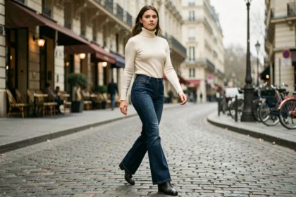 Jeune femme portant un jean flair indigo dans une rue pavée parisienne, look urbain tendance automne