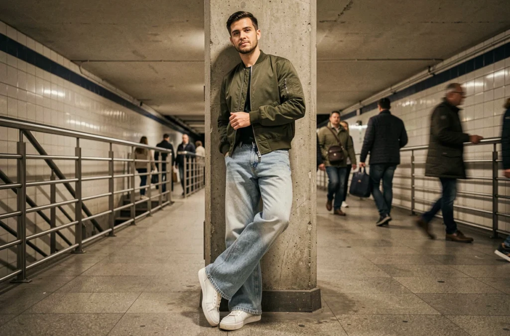 Homme en jean flair bleu clair et bomber jacket dans une station de métro parisienne, style urbain masculin
