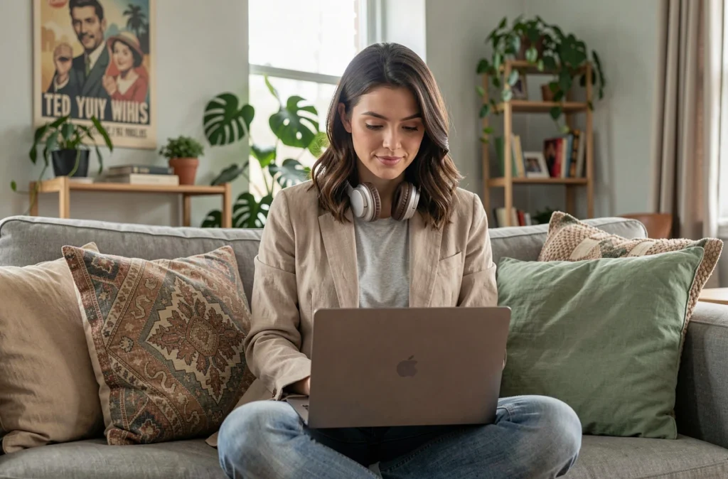 Jeune active travaillant sur son ordinateur portable dans le salon d'un appartement en colocation