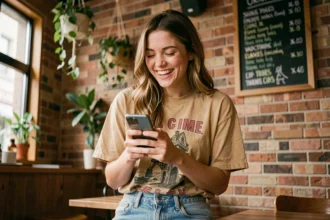 Jeune femme branchée qui envoie un SMS en riant dans un café urbain, illustrant l'usage naturel du slang générationnel