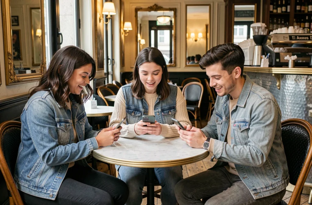 Trois jeunes adultes dans un café parisien réagissant à des publications sur leurs smartphones avec des expressions animées