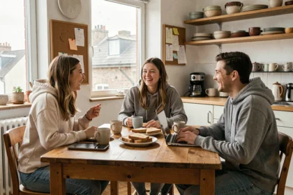Trois jeunes colocataires partageant un petit-déjeuner convivial dans une cuisine d'appartement urbain