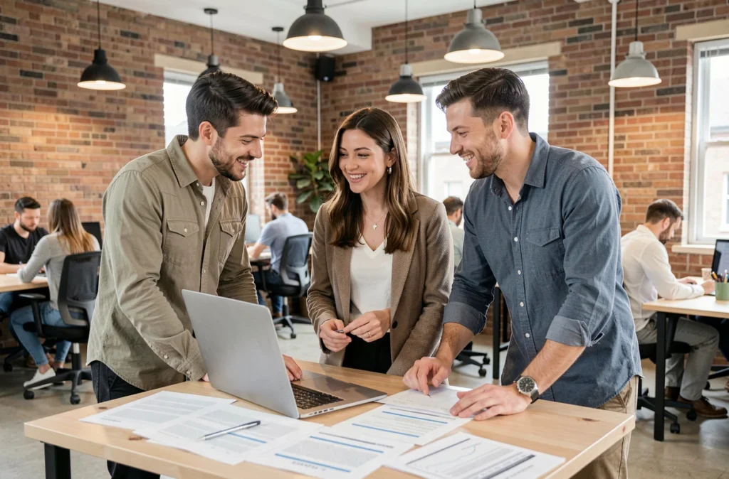 Groupe de jeunes diplômés collaborant autour d'un bureau debout dans un espace de coworking
