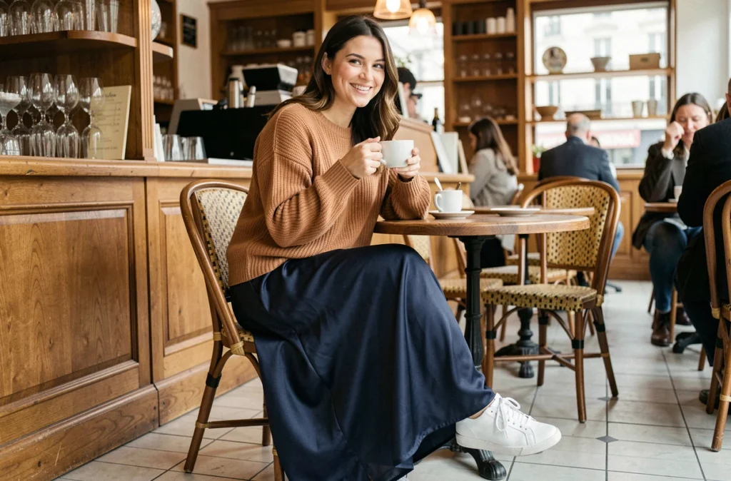 Jeune femme en jupe longue satin marine assise dans un café parisien avec un pull camel